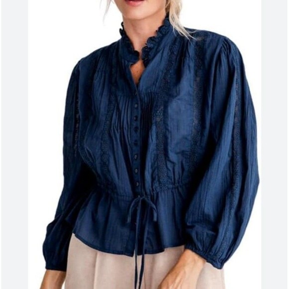 Free People Top Best of Me Long Sleeve Blouse Navy Lace Peplum Tie Size Large - Picture 1 of 10
